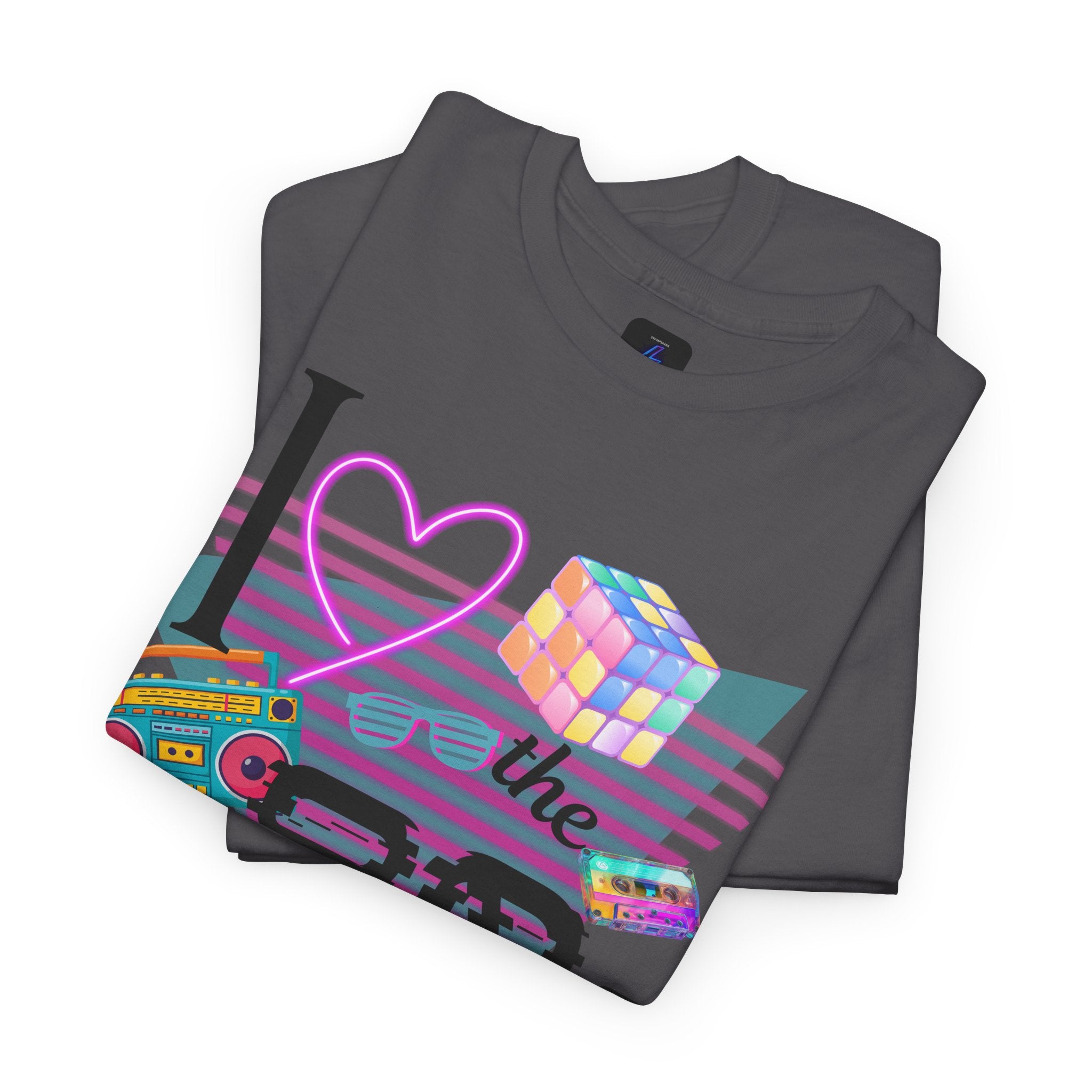 I Love the 80s T-Shirt — Retro Cassette, Rubik’s Cube & Neon Vintage Tee