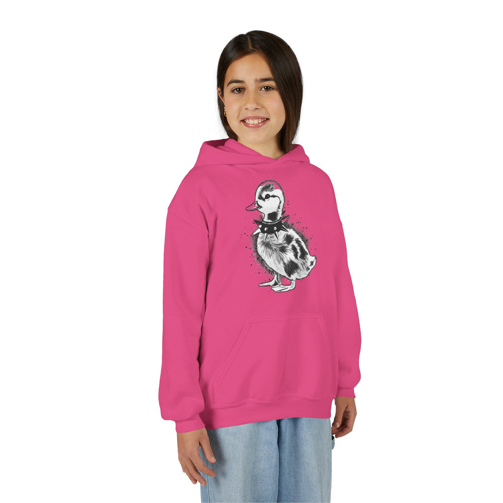 Youth Hoodie with Punk Duckling Illustration — Vintage 80s Punk Baby Duck Graphic Sweatshirt