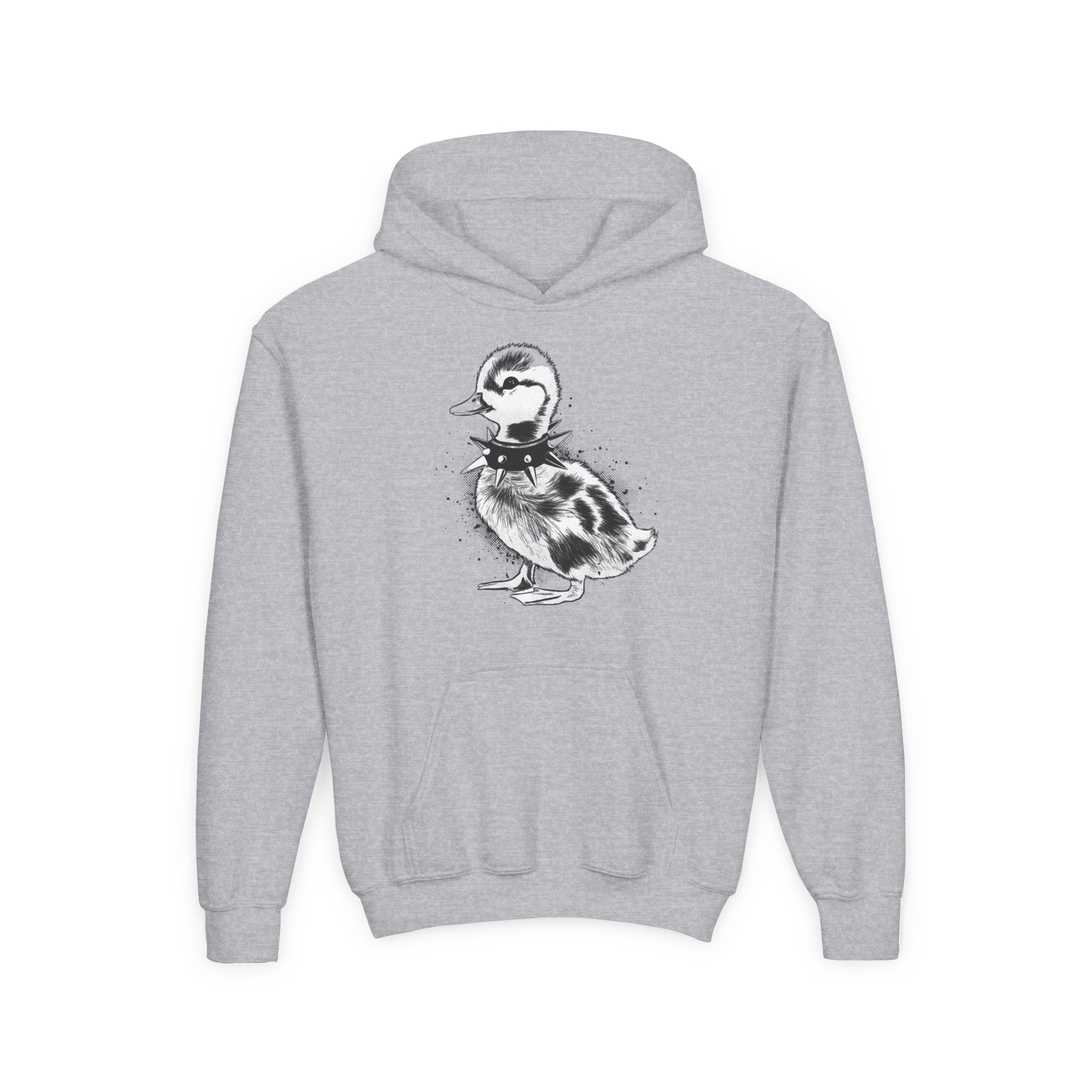 Youth Hoodie with Punk Duckling Illustration — Vintage 80s Punk Baby Duck Graphic Sweatshirt