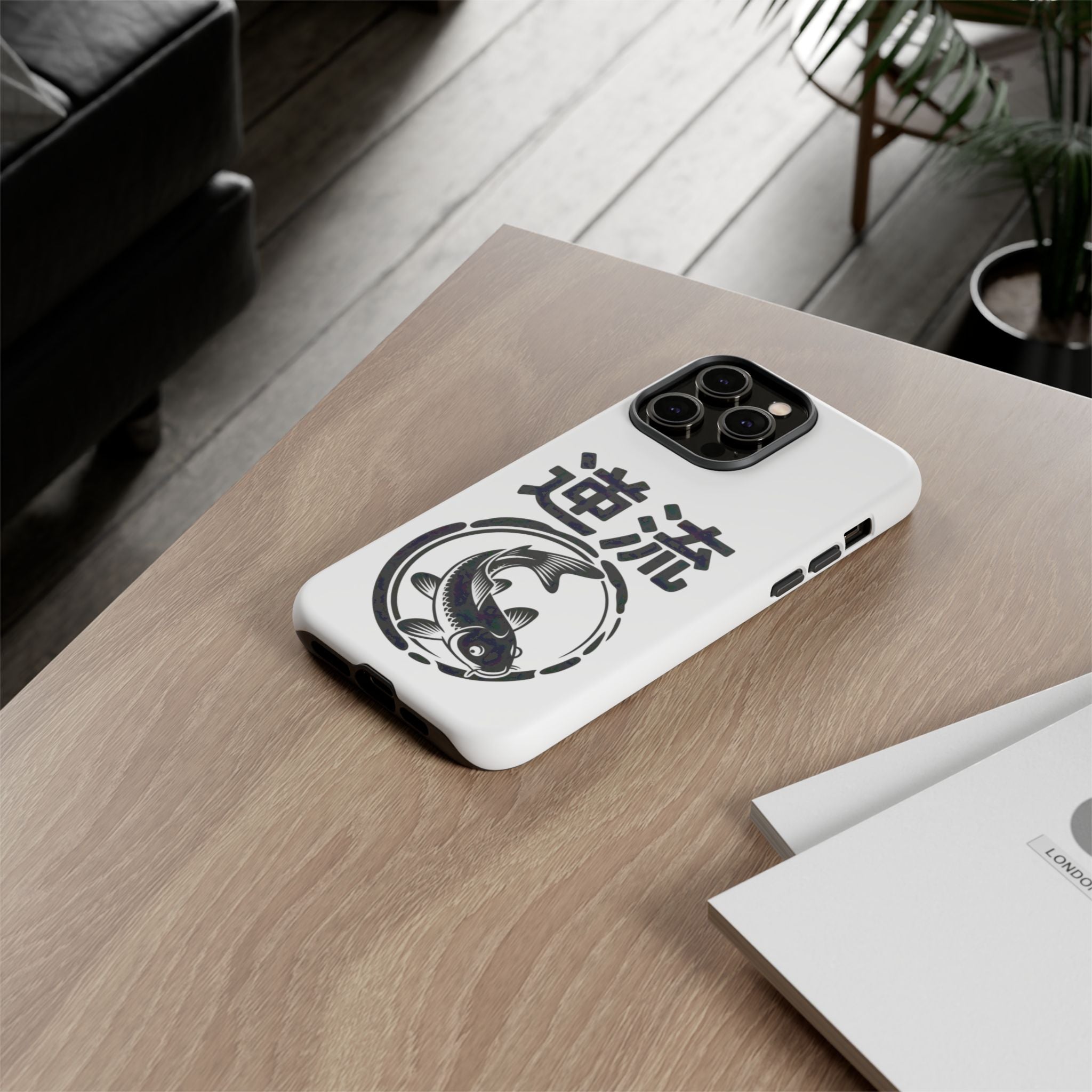 Phone Case — Koi Fish Yin Yang with Japanese Kanji (逆流) — Tough Protective Cover 80s Design