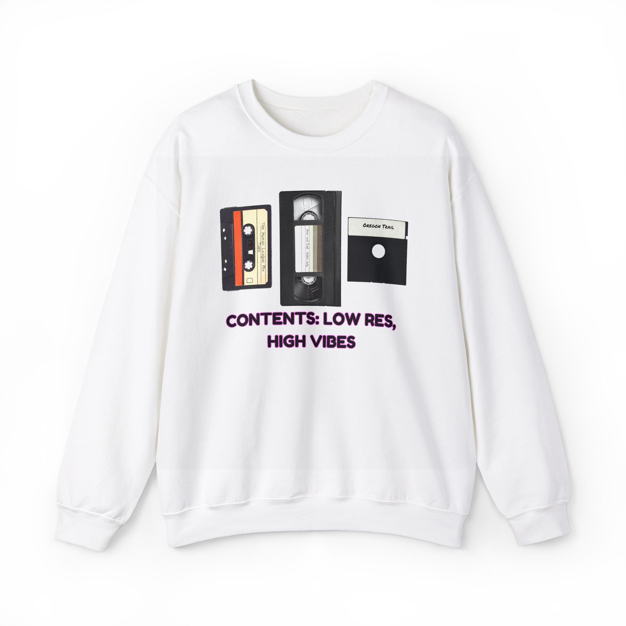 Retro Tapes Sweatshirt — "Contents: Low Rez, High Vibes" Crewneck 80s Retro Fashion
