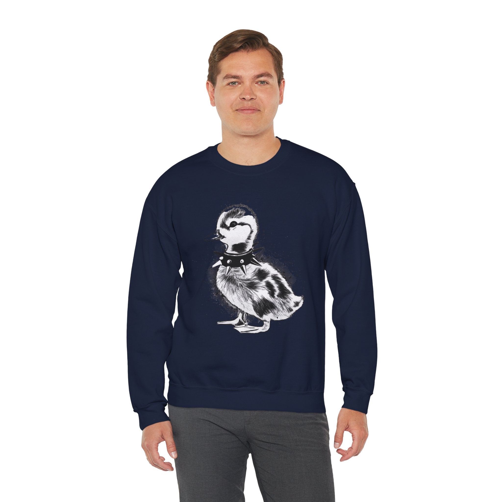 Punk Duckling Sketch Crewneck Sweatshirt — 80s Punk Rock Black & White Duck Illustration