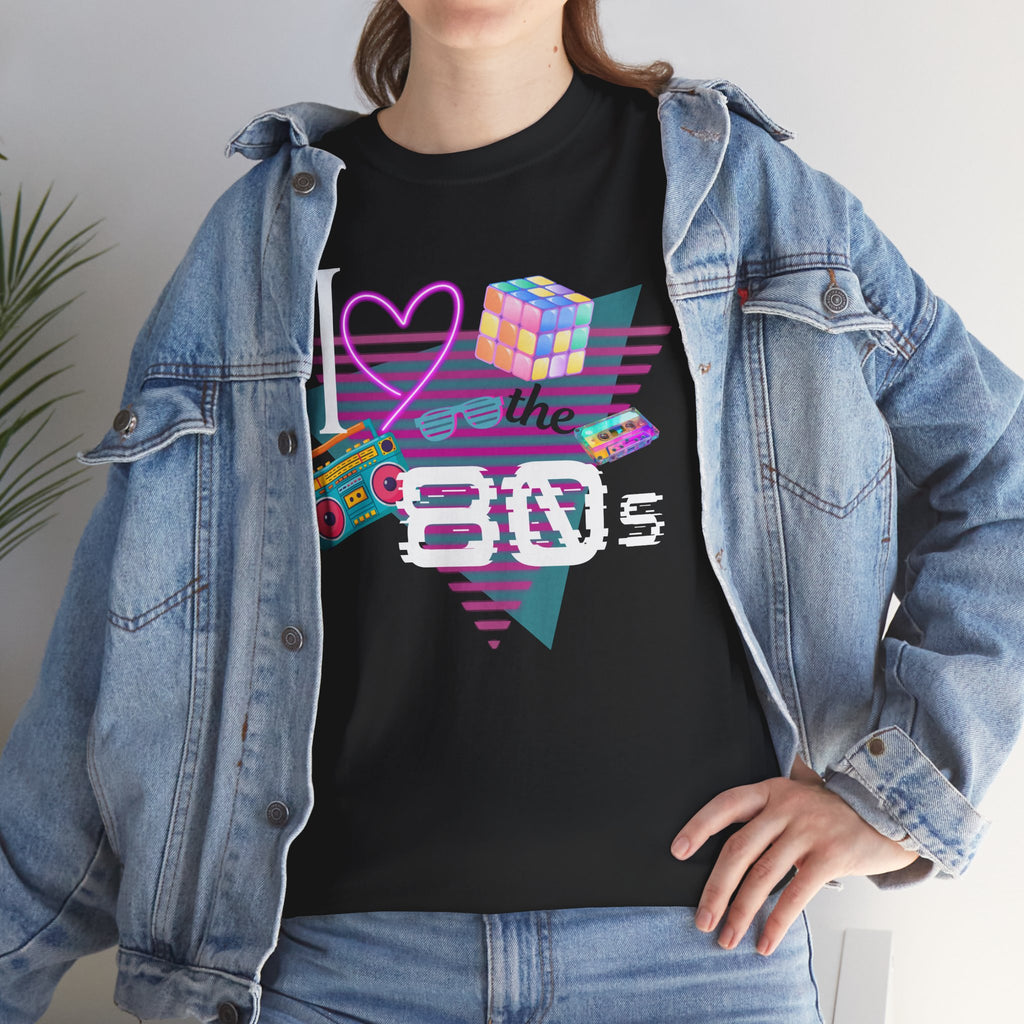 I Love the 80s T-Shirt — Retro Cassette, Rubik’s Cube & Neon Vintage Tee