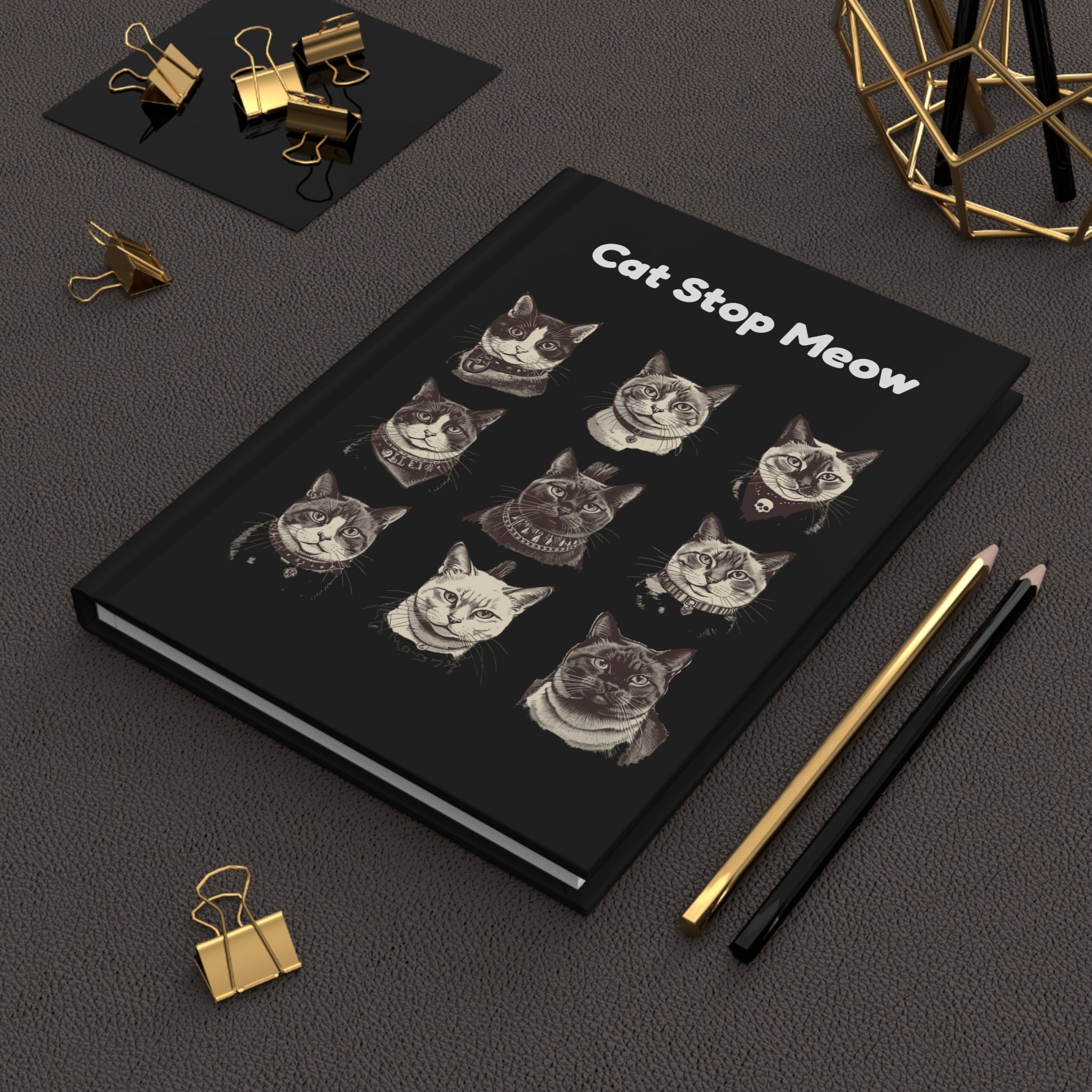 Cat Stop Meow Hardcover Journal — Vintage Punk Cat Portraits 80s Design