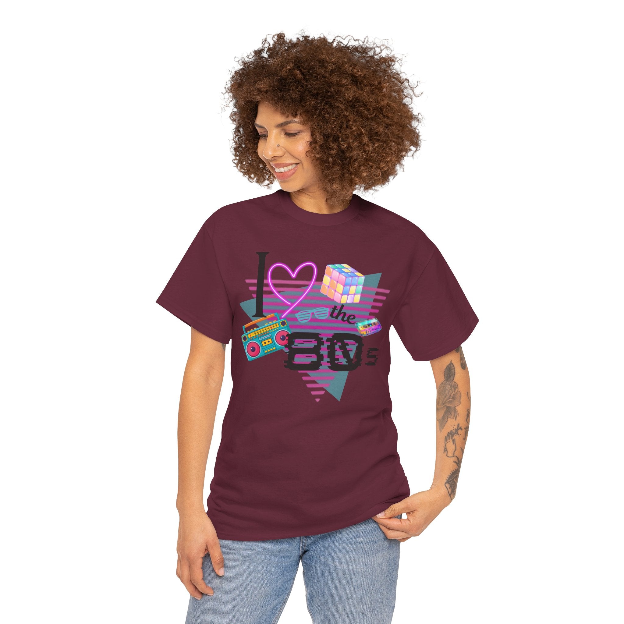 I Love the 80s T-Shirt — Retro Cassette, Rubik’s Cube & Neon Vintage Tee