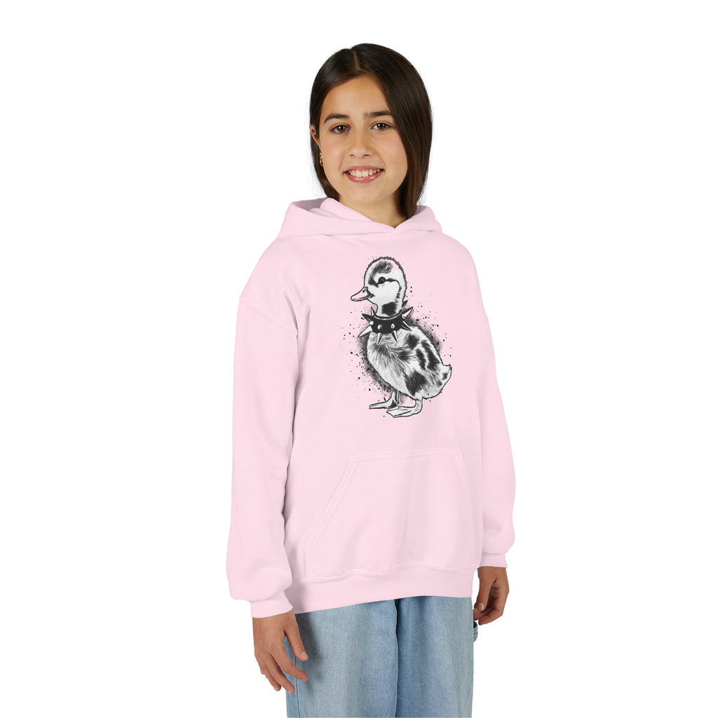 Youth Hoodie with Punk Duckling Illustration — Vintage 80s Punk Baby Duck Graphic Sweatshirt