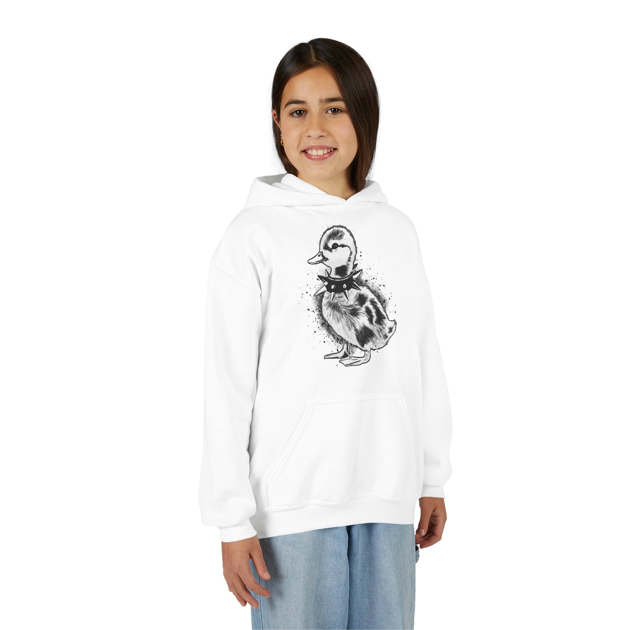 Youth Hoodie with Punk Duckling Illustration — Vintage 80s Punk Baby Duck Graphic Sweatshirt