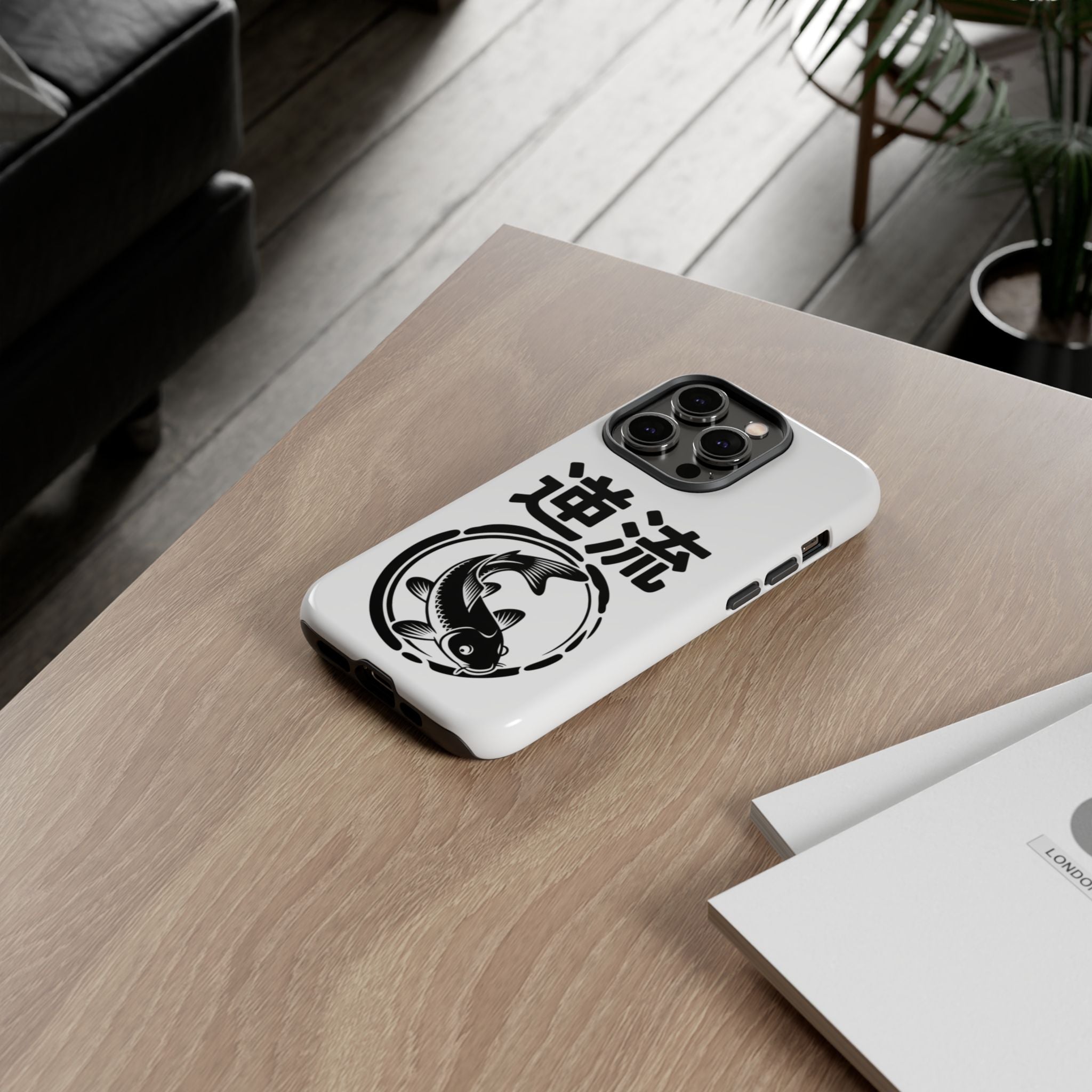 Phone Case — Koi Fish Yin Yang with Japanese Kanji (逆流) — Tough Protective Cover 80s Design