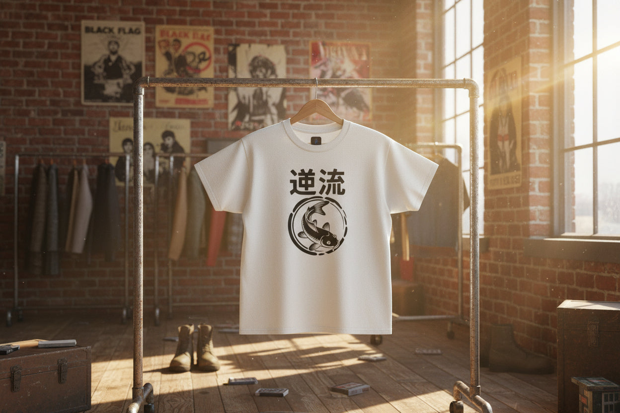 Koi Reverse Flow Tee — Japanese Kanji 逆流 Fish Graphic T-Shirt Retro Style