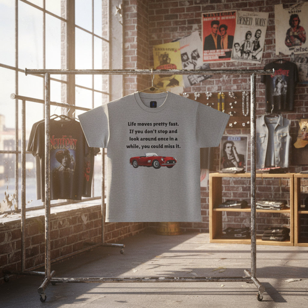 Life Moves Pretty Fast Tee — Vintage Red Sports Car Quote T-Shirt 80's Retro Fashion