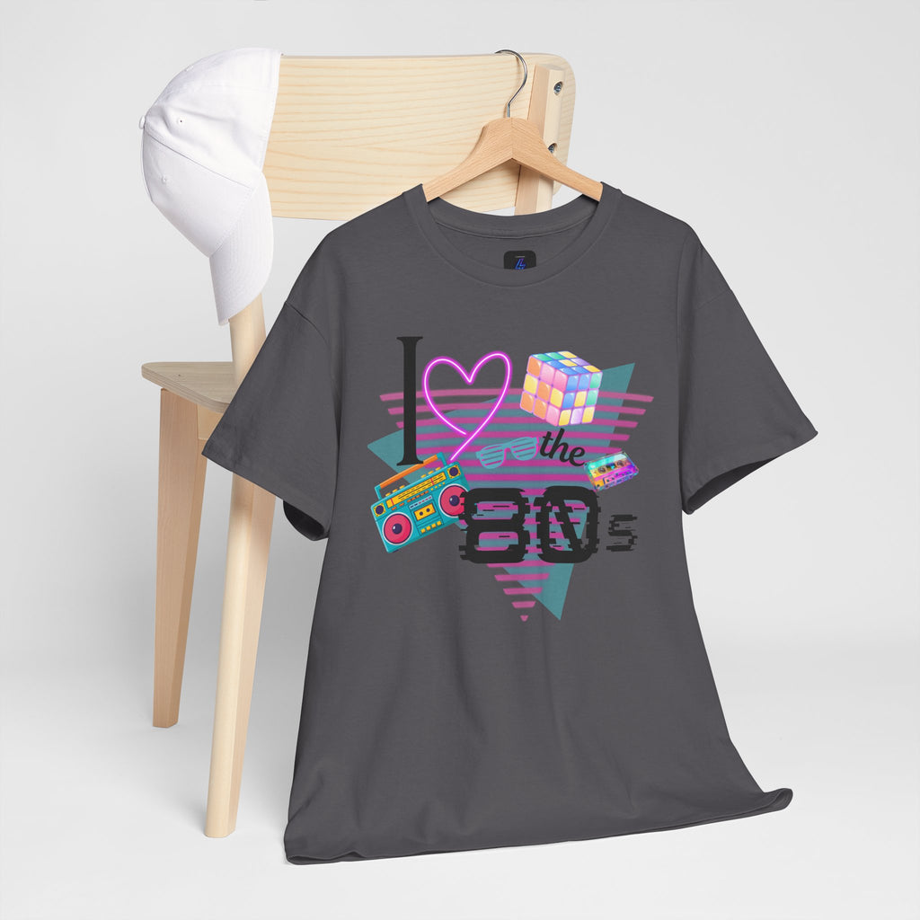 I Love the 80s T-Shirt — Retro Cassette, Rubik’s Cube & Neon Vintage Tee