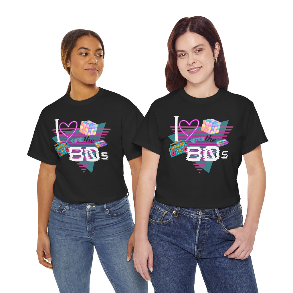 I Love the 80s T-Shirt — Retro Cassette, Rubik’s Cube & Neon Vintage Tee