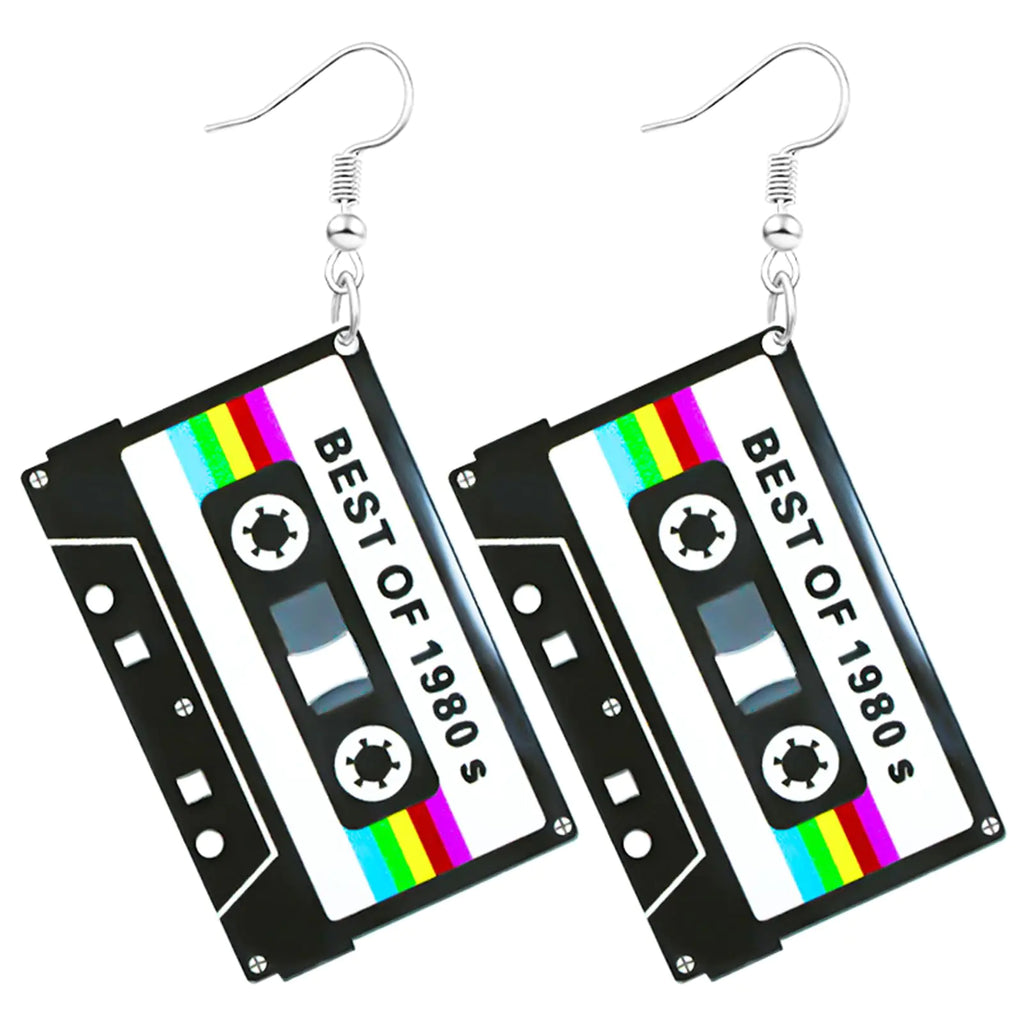 70s 80s 90s Earrings for Women Retro Cassette Tape Earrings Acrylic Radio Tape Drop Dangle Earrings for Cosplay Glow Party Music Festival 70s 80s 90s Accessories BEST OF 1980s Black