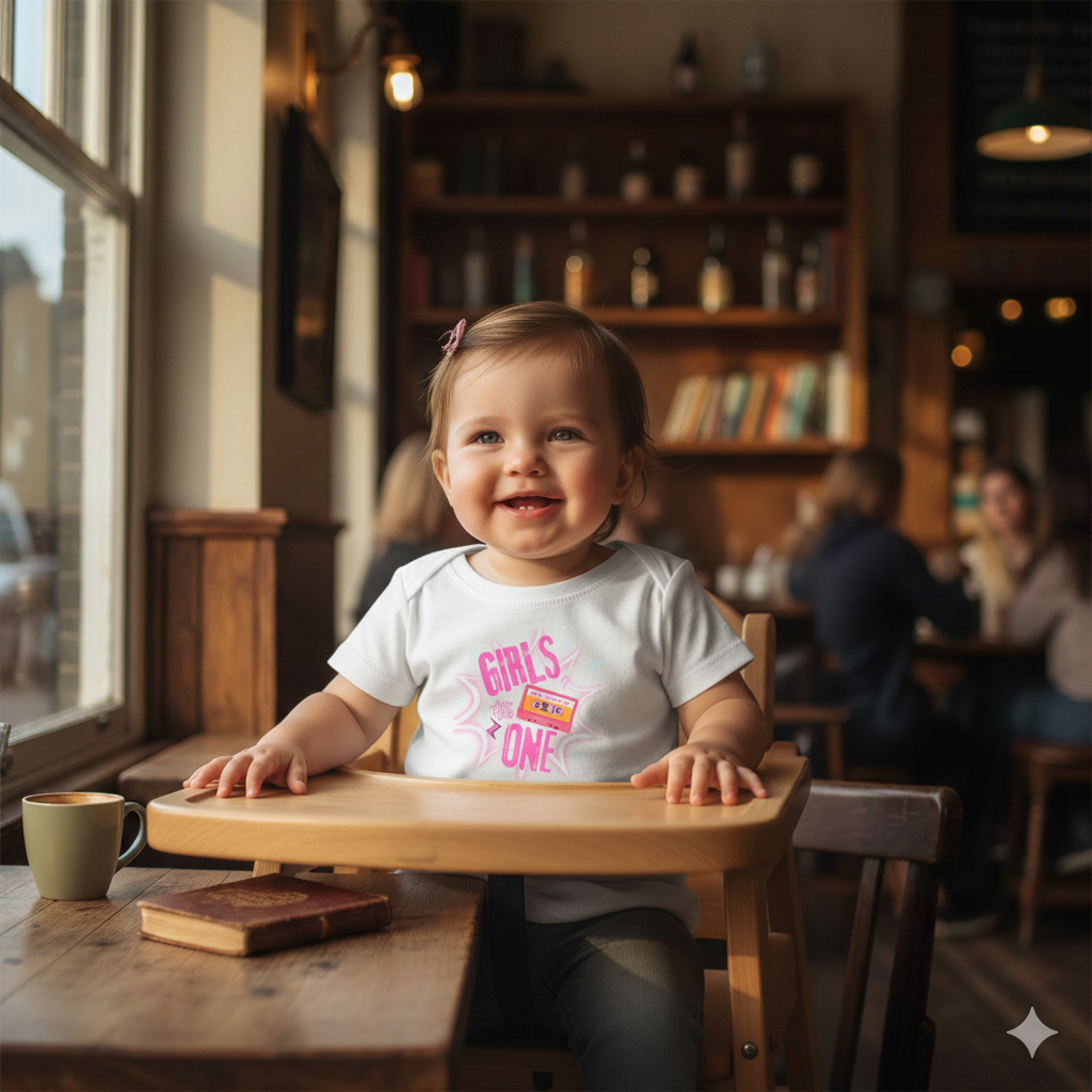 Girls One Infant Tee — 'Girl's One' Retro Cassette Baby T‑Shirt, First Birthday Outfit