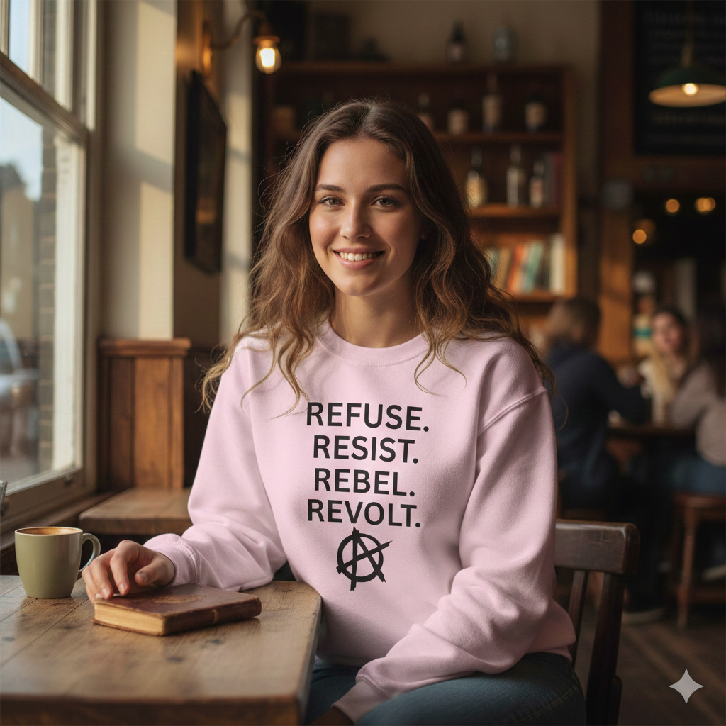 Rebel Protest Sweatshirt — "Refuse. Resist. Rebel. Revolt."  80s Anarchy Graphic Crewneck