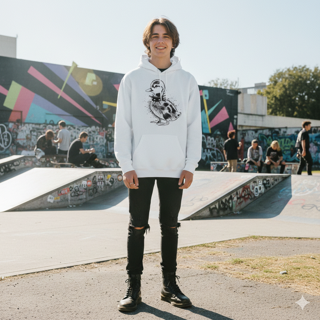 80s Punk Duckling Sketch Hoodie – Vintage Black & White Baby Duck Graphic Sweatshirt