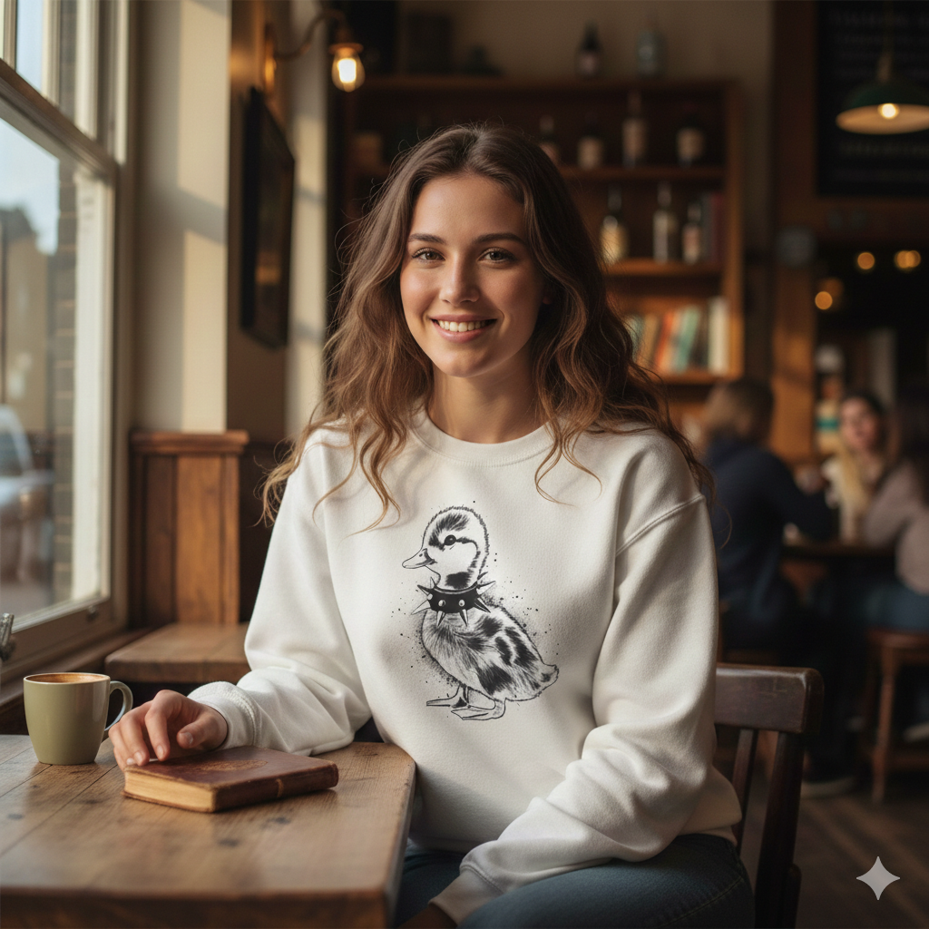 Punk Duckling Sketch Crewneck Sweatshirt — 80s Punk Rock Black & White Duck Illustration