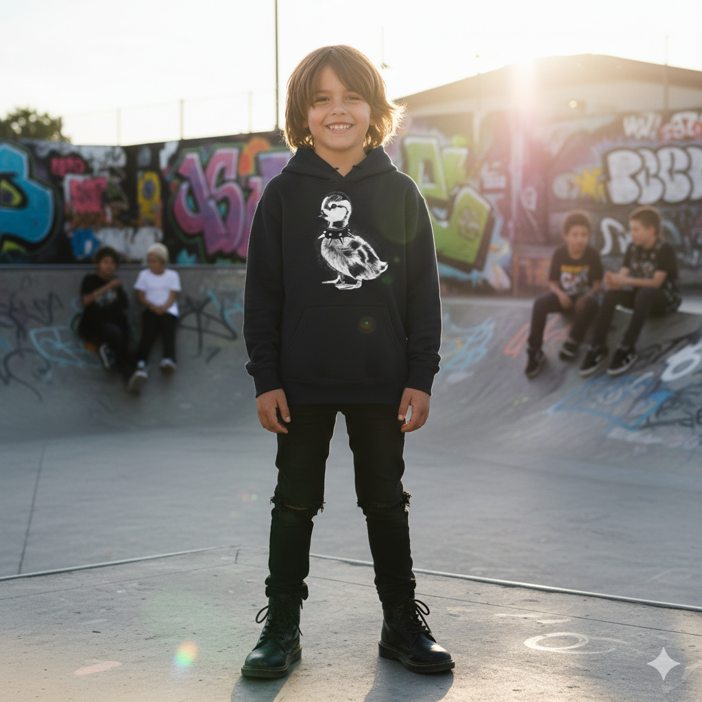 Youth Hoodie with Punk Duckling Illustration — Vintage 80s Punk Baby Duck Graphic Sweatshirt