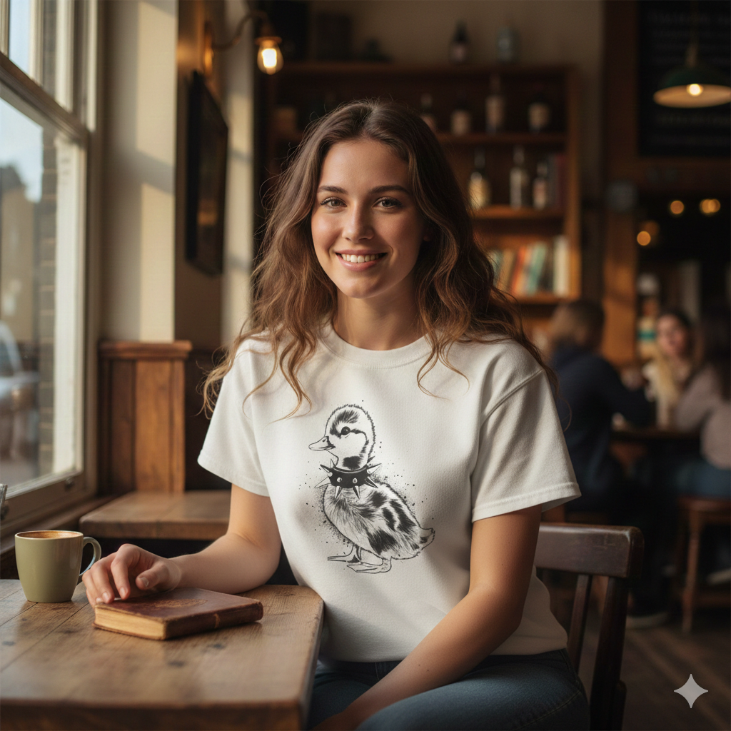 Punk Duckling Sketch T-Shirt — Black & White Watercolor 80s Punk Rock Duck Tee