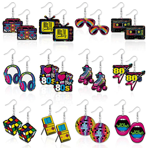 12 Pairs 80s Retro Earrings 1980s Neon Earrings for Women 80s Costume Earrings Pendant Acrylic Drop Dangle Retro Jewelry Accessories for Women Ladies Gift (Style B)