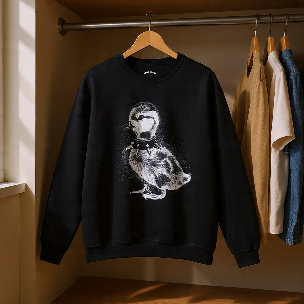 Punk Duckling Sketch Crewneck Sweatshirt — 80s Punk Rock Black & White Duck Illustration