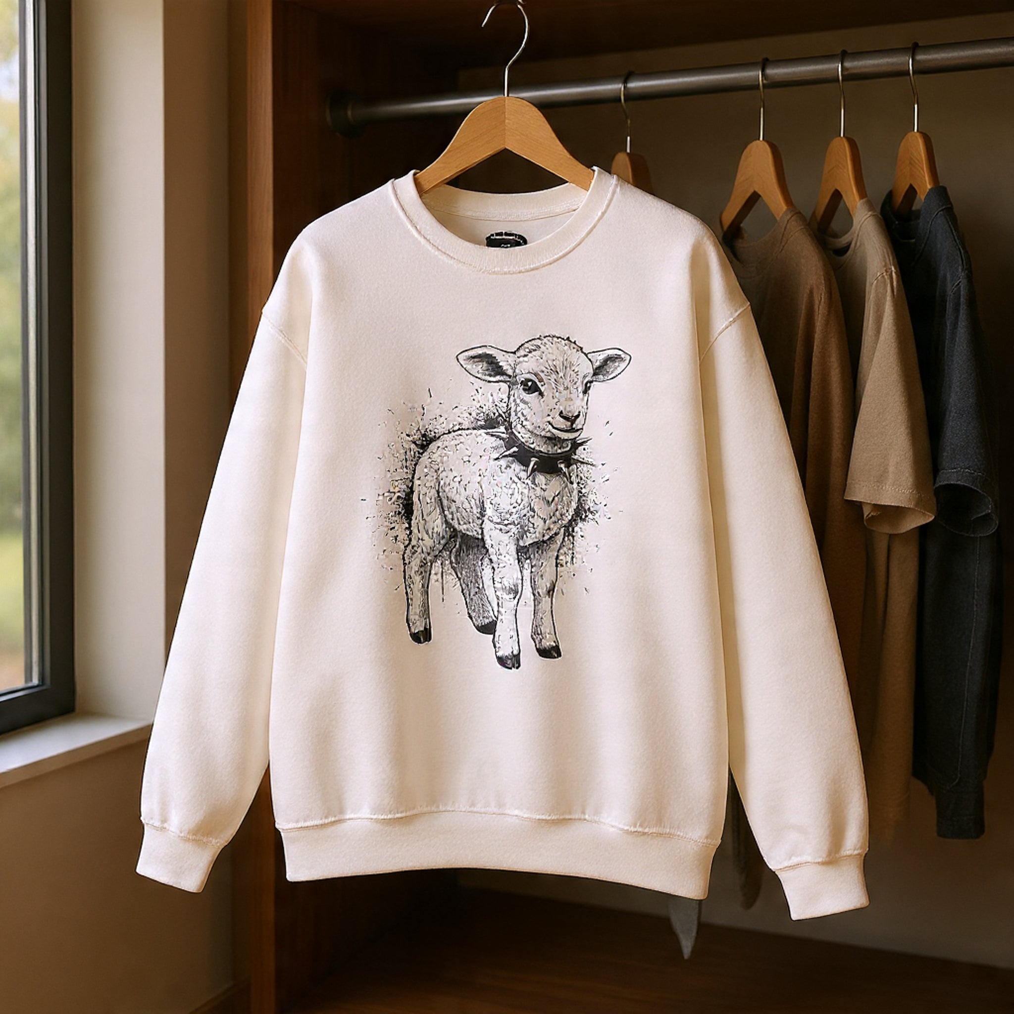 80s Punk Rock Lamb Illustration Crewneck Sweatshirt — Farm Animal Graphic Pullover