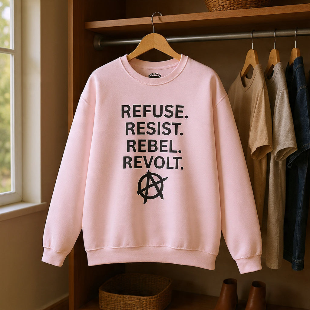 Rebel Protest Sweatshirt — "Refuse. Resist. Rebel. Revolt."  80s Anarchy Graphic Crewneck