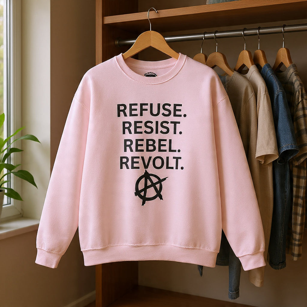 Rebel Protest Sweatshirt — "Refuse. Resist. Rebel. Revolt."  80s Anarchy Graphic Crewneck