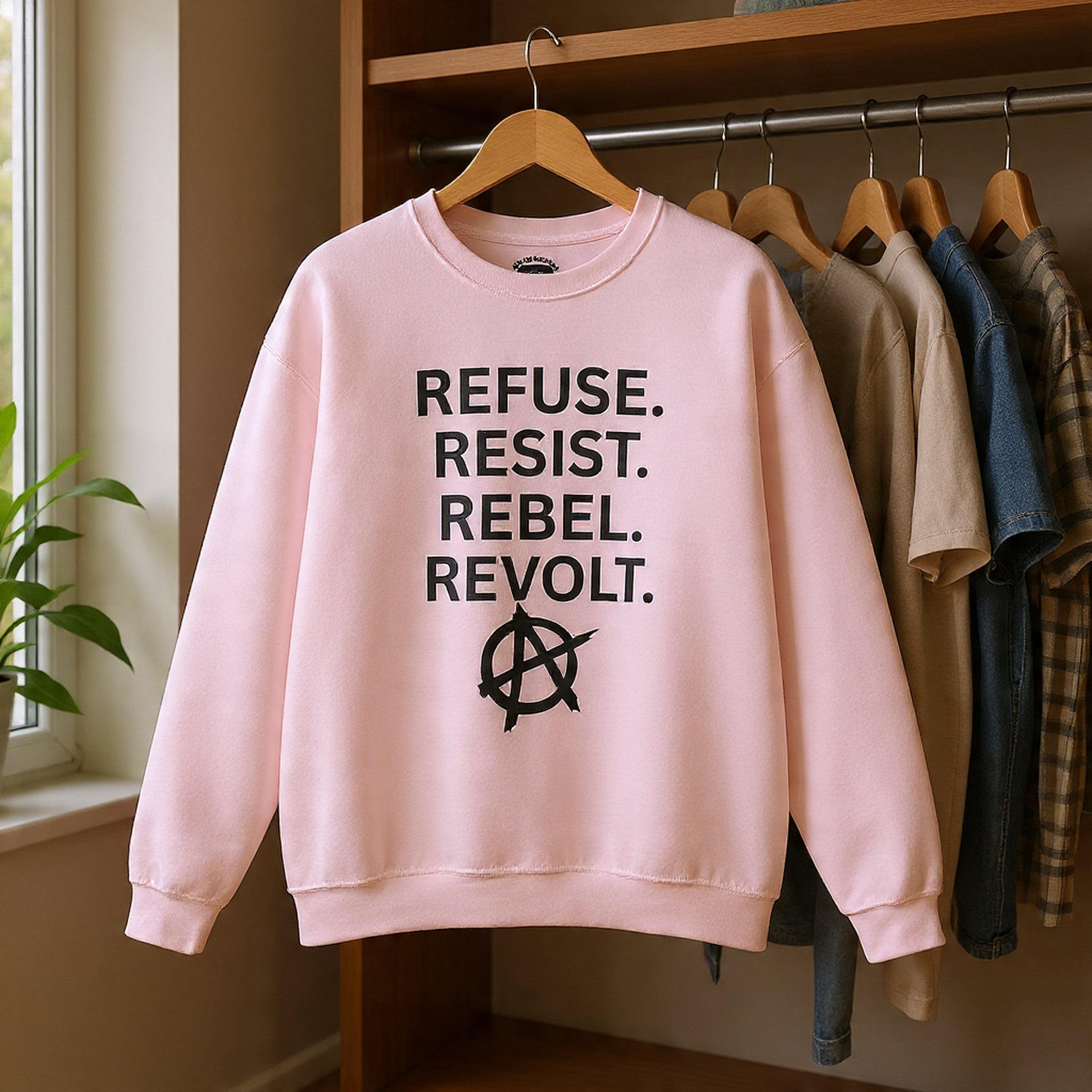 Rebel Protest Sweatshirt — "Refuse. Resist. Rebel. Revolt."  80s Anarchy Graphic Crewneck