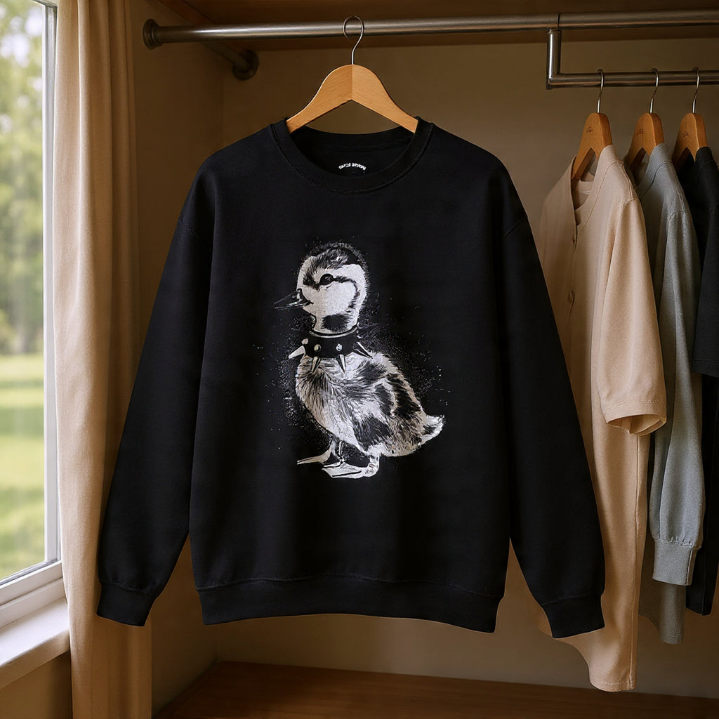 Punk Duckling Sketch Crewneck Sweatshirt — 80s Punk Rock Black & White Duck Illustration