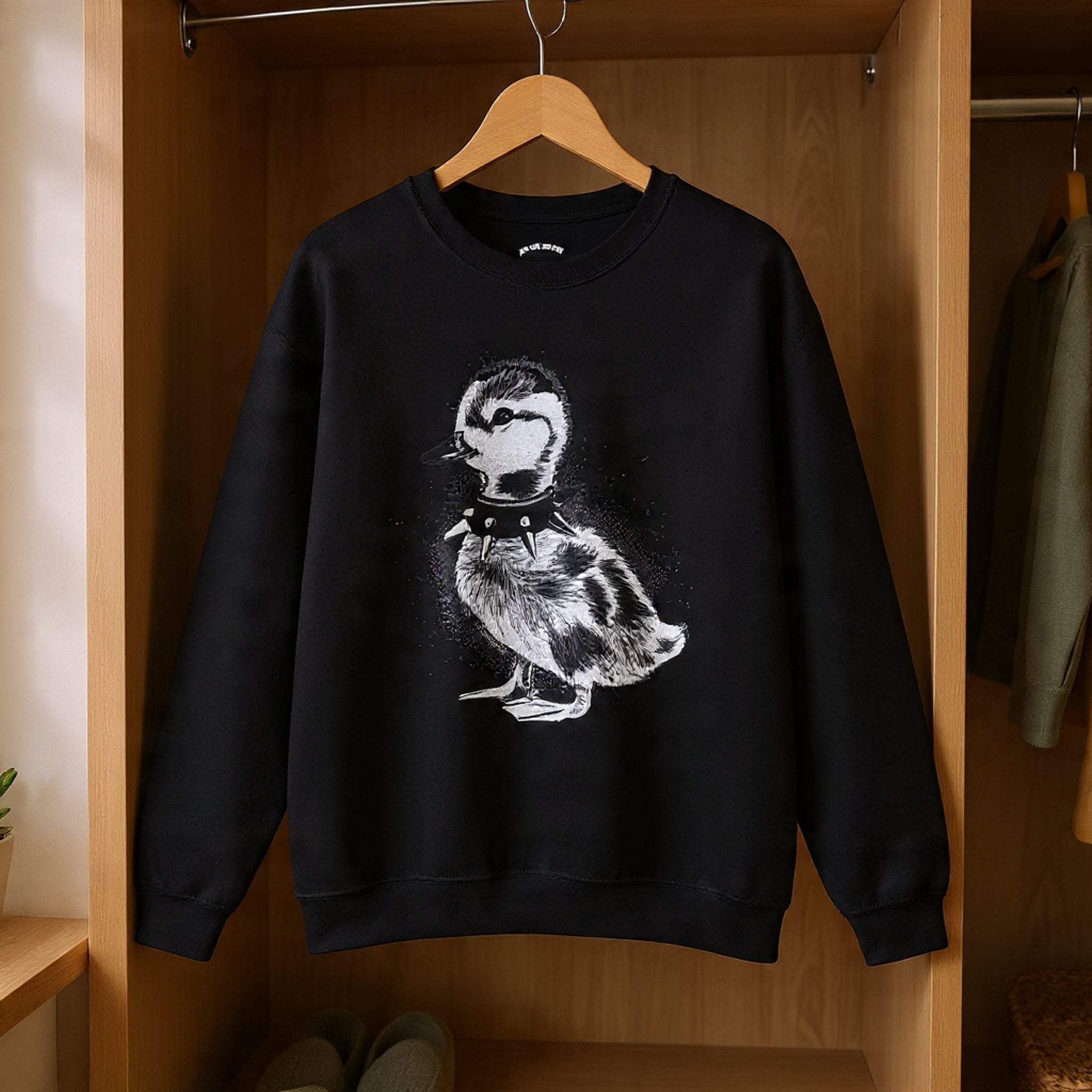 Punk Duckling Sketch Crewneck Sweatshirt — 80s Punk Rock Black & White Duck Illustration