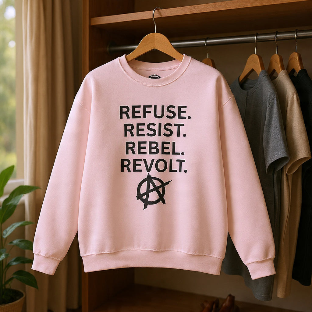 Rebel Protest Sweatshirt — "Refuse. Resist. Rebel. Revolt."  80s Anarchy Graphic Crewneck
