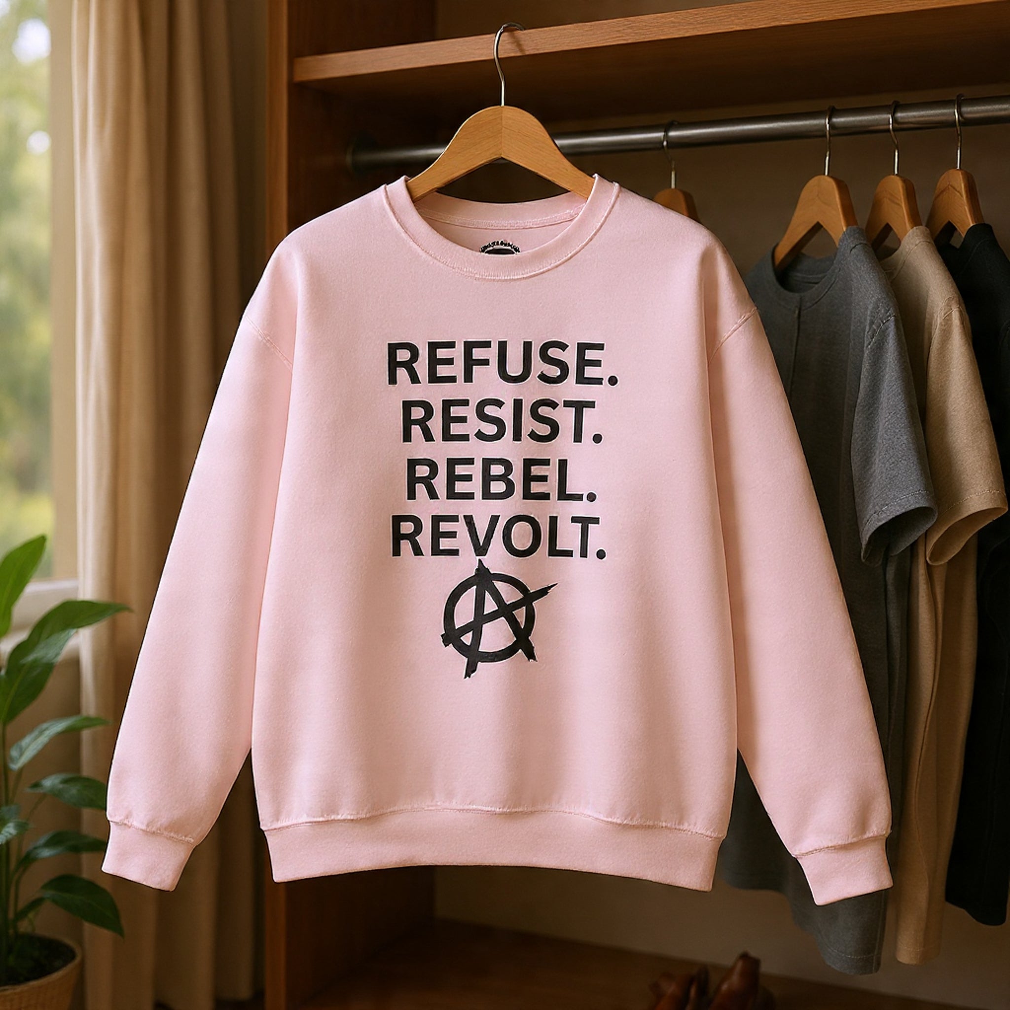 Rebel Protest Sweatshirt — "Refuse. Resist. Rebel. Revolt."  80s Anarchy Graphic Crewneck