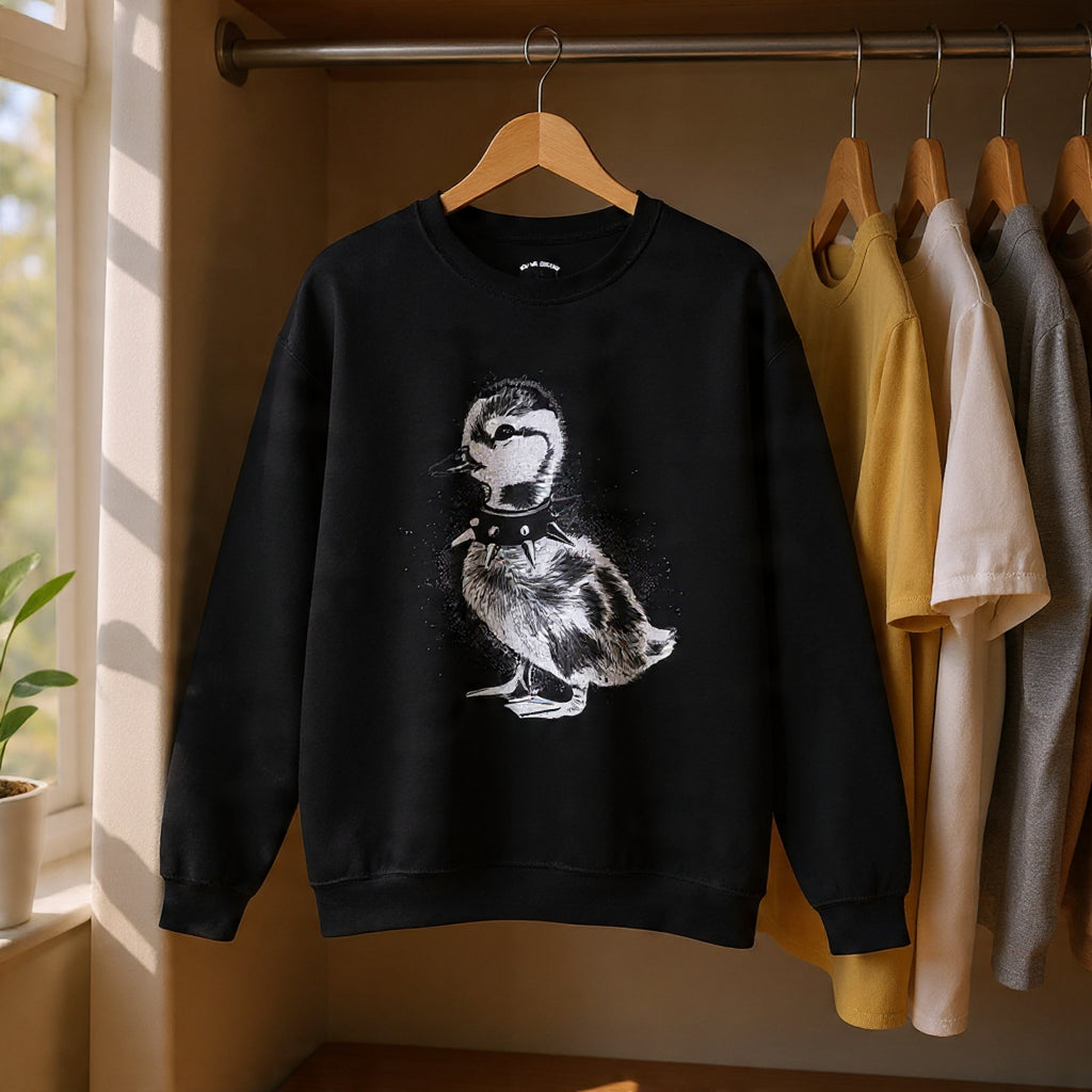 Punk Duckling Sketch Crewneck Sweatshirt — 80s Punk Rock Black & White Duck Illustration