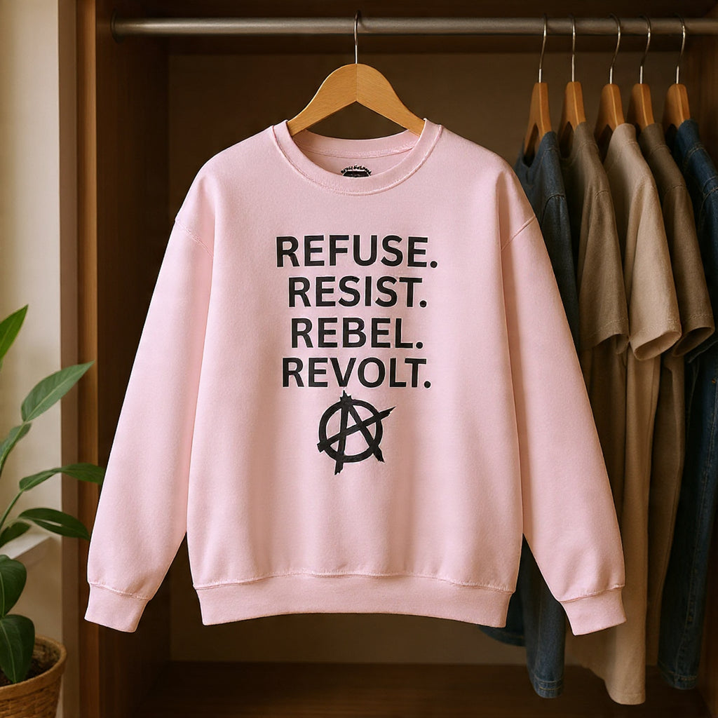 Rebel Protest Sweatshirt — "Refuse. Resist. Rebel. Revolt."  80s Anarchy Graphic Crewneck