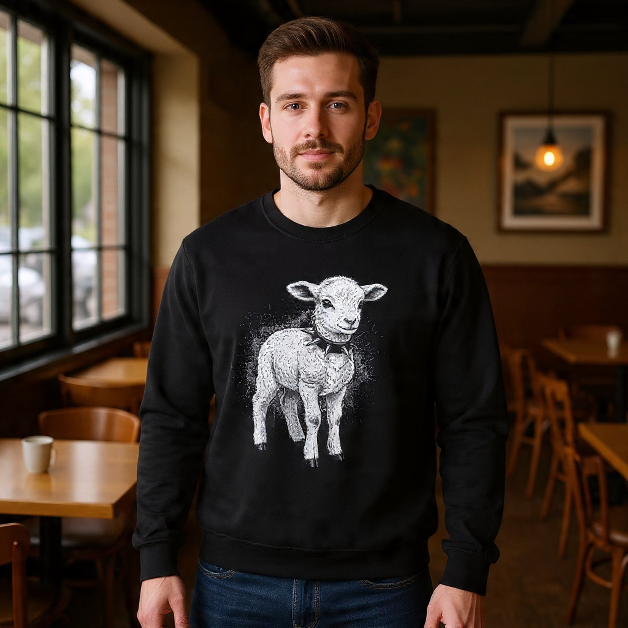 80s Punk Rock Lamb Illustration Crewneck Sweatshirt — Farm Animal Graphic Pullover