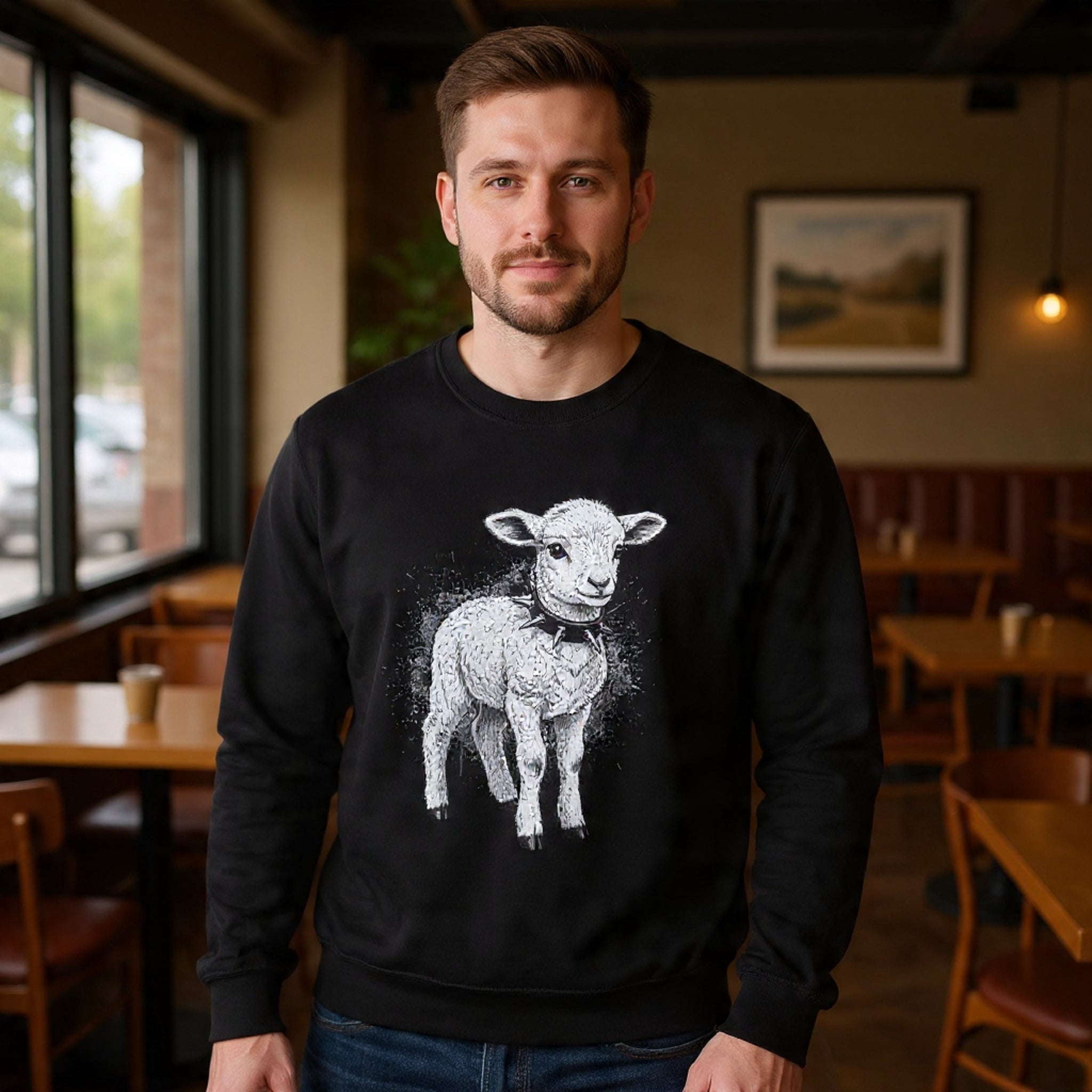80s Punk Rock Lamb Illustration Crewneck Sweatshirt — Farm Animal Graphic Pullover