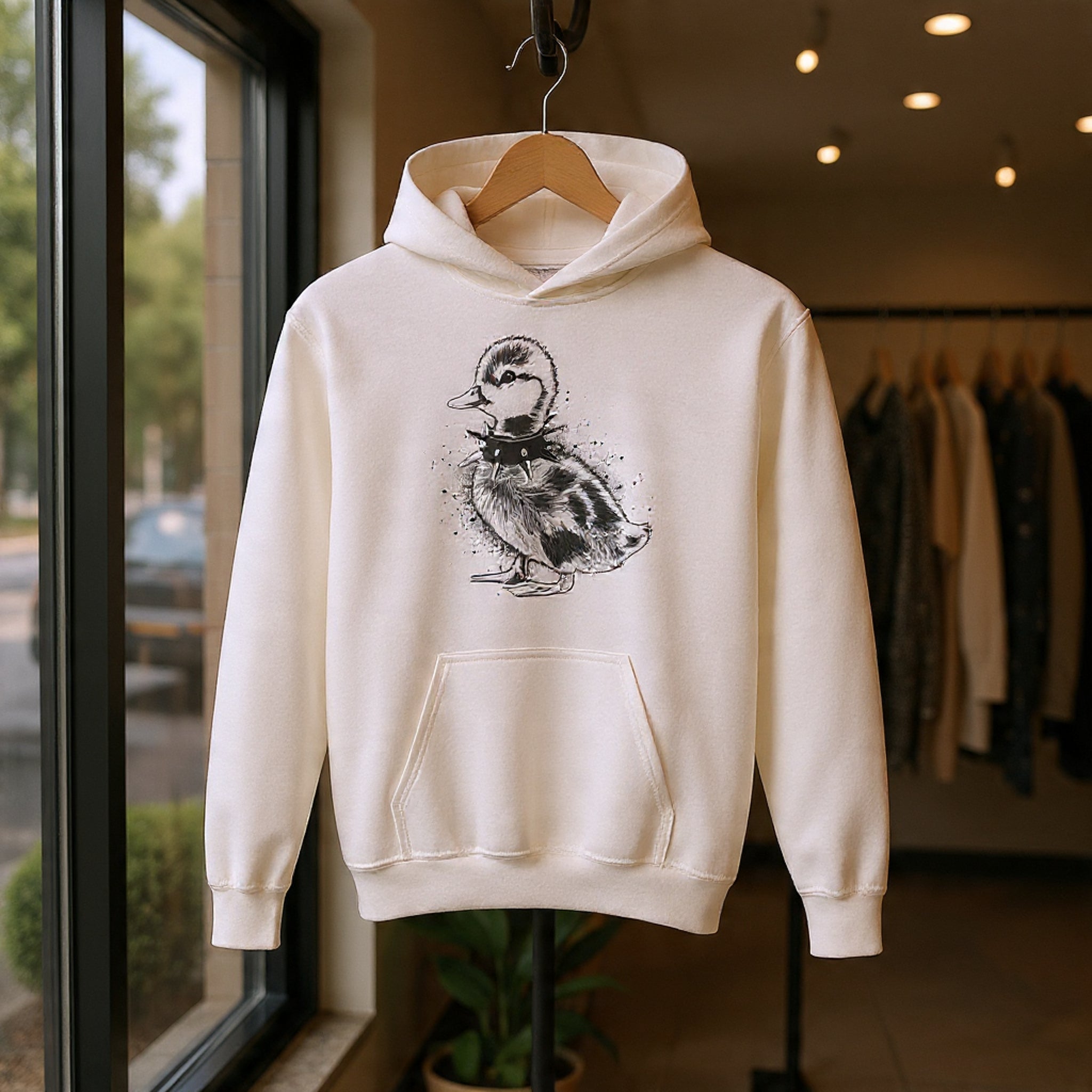 80s Punk Duckling Sketch Hoodie – Vintage Black & White Baby Duck Graphic Sweatshirt