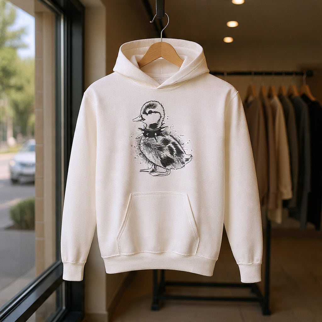 Youth Hoodie with Punk Duckling Illustration — Vintage 80s Punk Baby Duck Graphic Sweatshirt