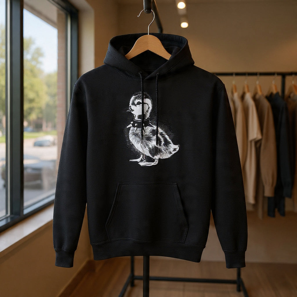 Youth Hoodie with Punk Duckling Illustration — Vintage 80s Punk Baby Duck Graphic Sweatshirt
