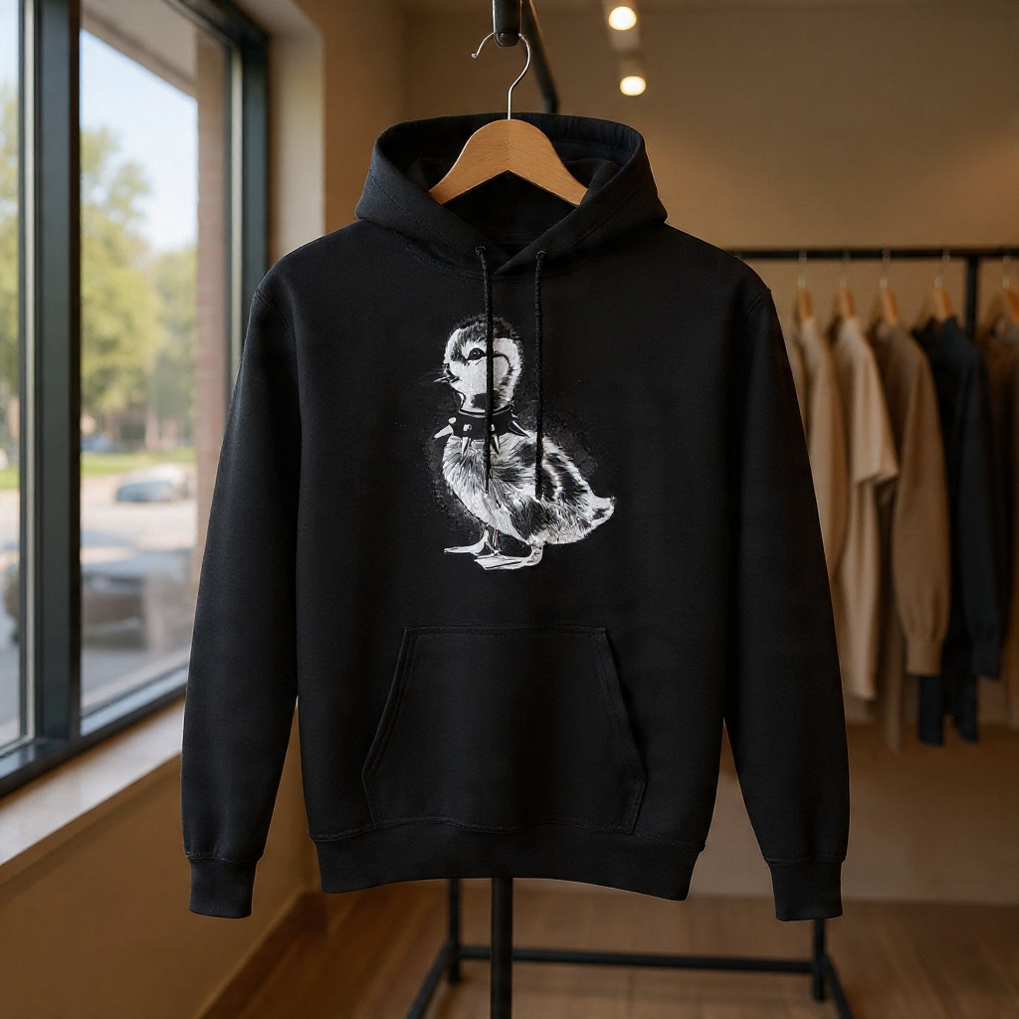 80s Punk Duckling Sketch Hoodie – Vintage Black & White Baby Duck Graphic Sweatshirt