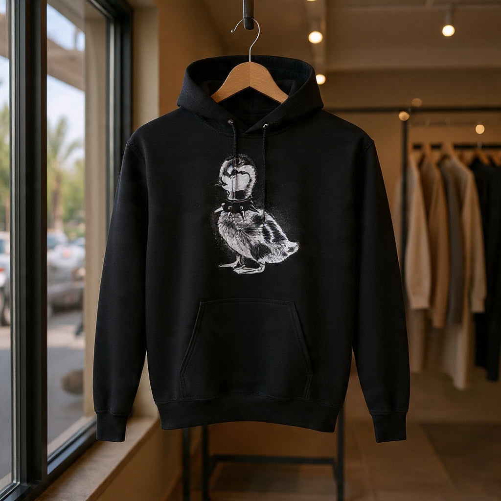 Youth Hoodie with Punk Duckling Illustration — Vintage 80s Punk Baby Duck Graphic Sweatshirt