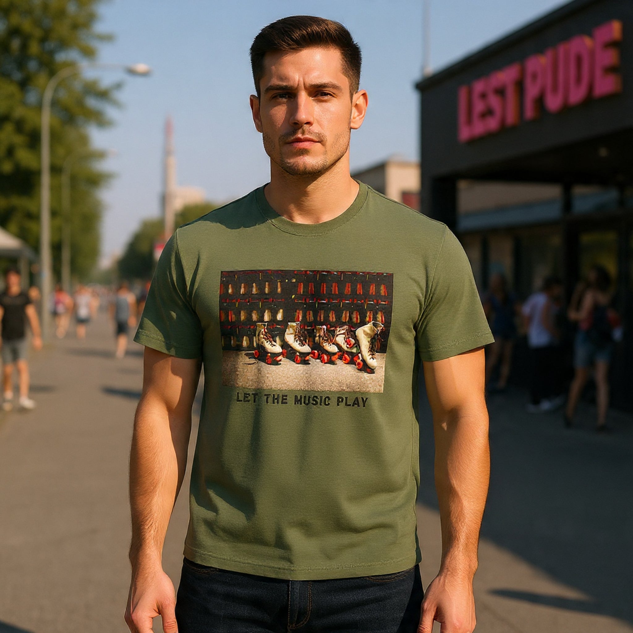 Let The Music Play Tee — Retro Roller Skates Graphic T‑Shirt