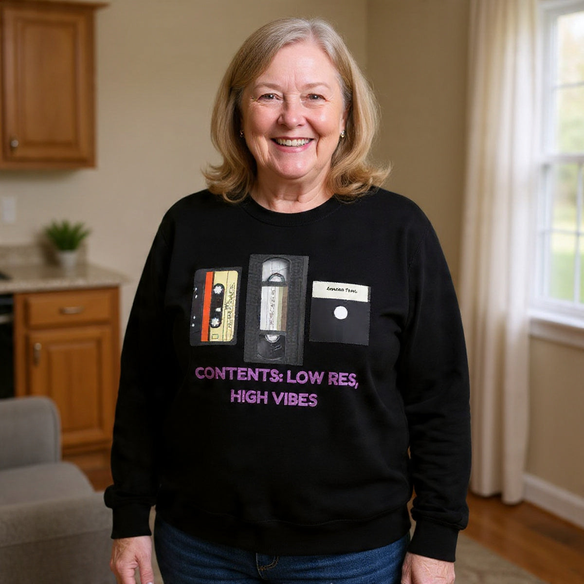 Retro Tapes Sweatshirt — "Contents: Low Rez, High Vibes" Crewneck 80s Retro Fashion