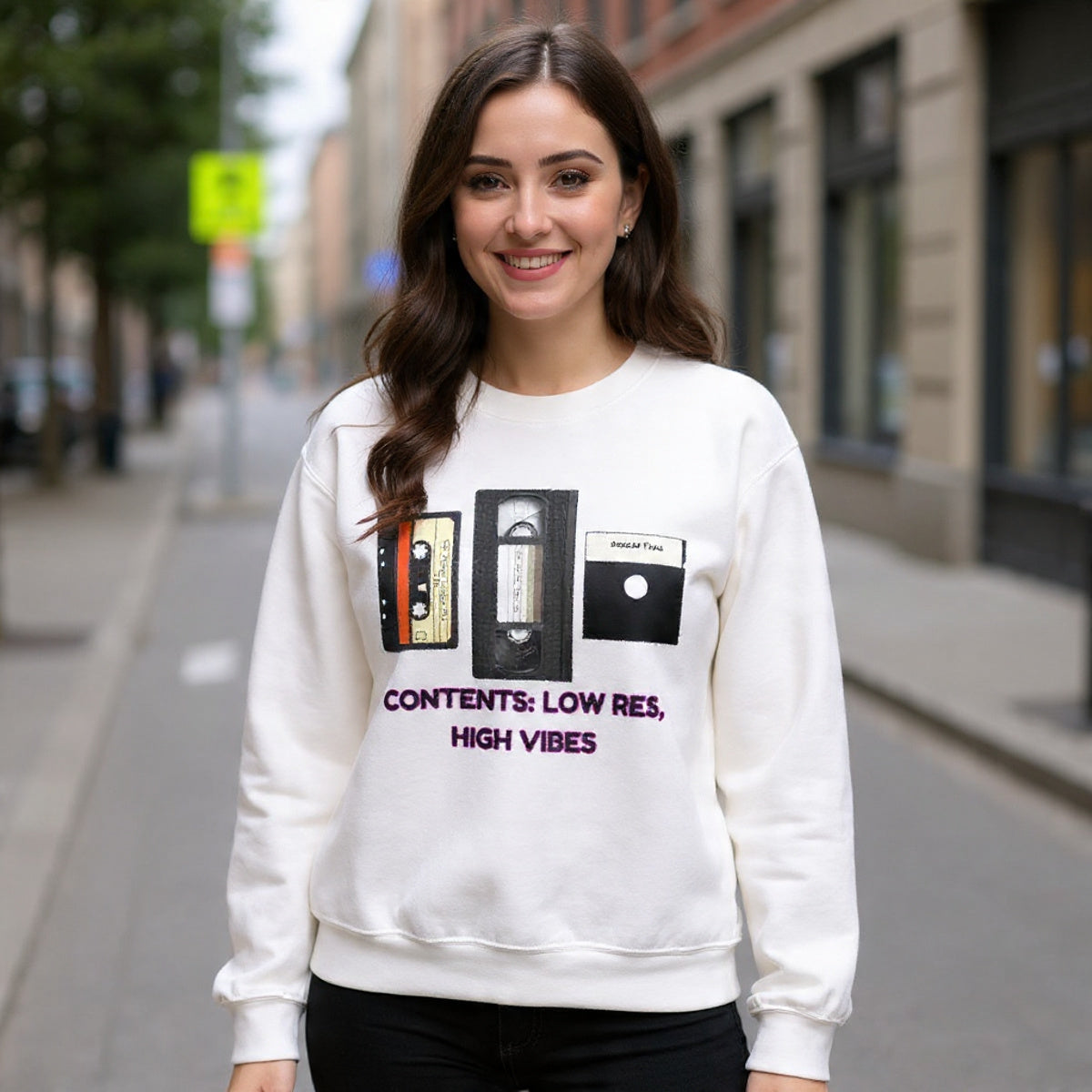 Retro Tapes Sweatshirt — "Contents: Low Rez, High Vibes" Crewneck 80s Retro Fashion