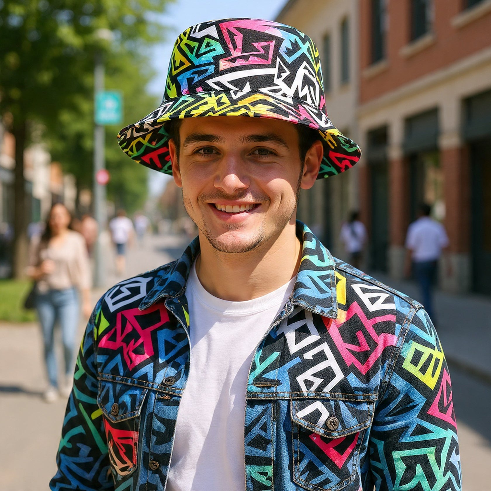 Retro 80s or 90s Geometric Print Bucket Hat for Men Women Trendy Print Packable Summer Travel Beach Sun Hat Fisherman Hat Caps