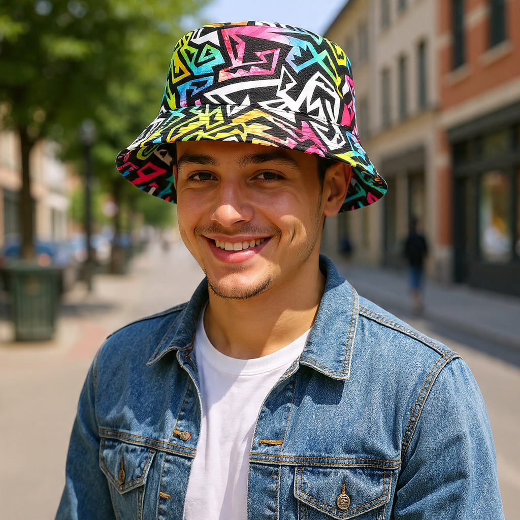 Retro 80s or 90s Geometric Print Bucket Hat for Men Women Trendy Print Packable Summer Travel Beach Sun Hat Fisherman Hat Caps