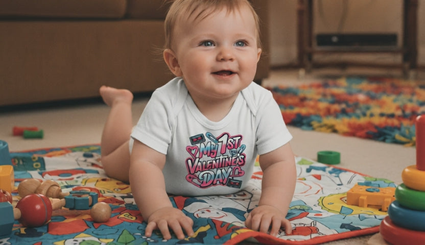Baby Bodysuit - "My 1st Valentine’s Day" Infant Onesie, Cute Pink & Teal Heart Design for Newborns 80s Design