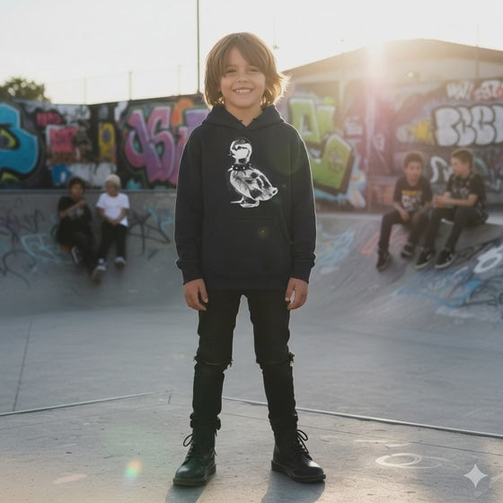 Youth Hoodie with Punk Duckling Illustration — Vintage 80s Punk Baby Duck Graphic Sweatshirt