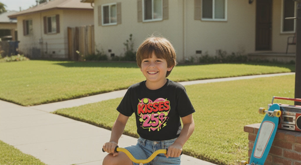 Kids T-Shirt — "Kisses 25" Retro Valentine Heart Tee 80s Retro